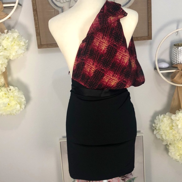 Bebe one shoulder burgundy & black draped flowy/fitted dress. Sz XXS. EUC - Picture 8 of 11